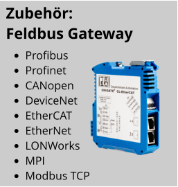 •	Profibus •	Profinet •	CANopen •	DeviceNet •	EtherCAT •	EtherNet •	LONWorks •	MPI •	Modbus TCP Zubehör:   Feldbus Gateway